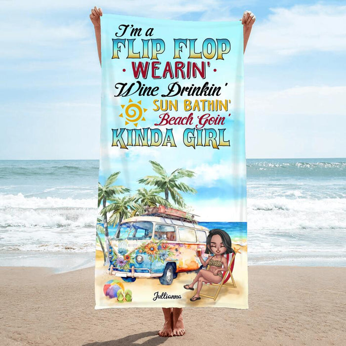 Personalized Girl Beach Towel - Gift For Beach Girls/Beach Lovers - I'm A Flip Flop Wearin' Wine Drinkin' Sun Bathin' Beach Goin' Kinda Girl