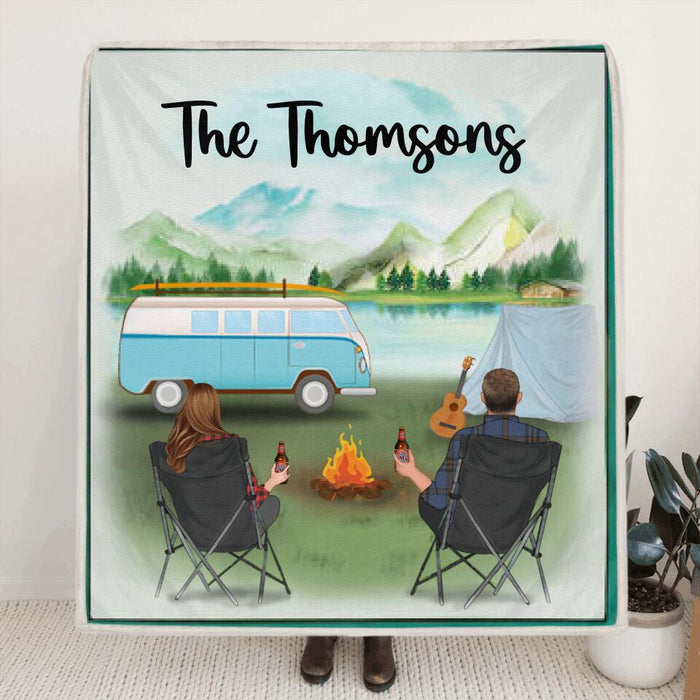 Personalized Camping Blanket - Parents With Up To 6 Kids And 2 pets - Family Name - Father's day gift from wife to husband