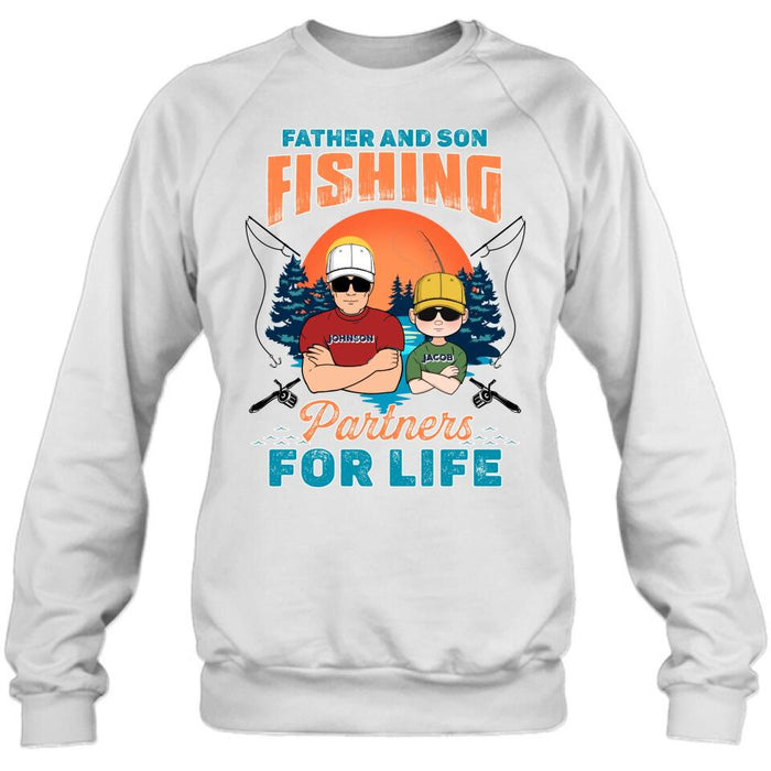 Personalized Father And Son Fishing T-Shirt/Long sleeve/Sweatshirt/Hoodie - Up to 3 Children - Gift Idea For Father/Son/Daughter/Father's Day/Fishing Lover - Father And Son Fishing Partners For Life