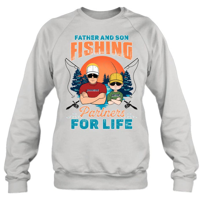 Personalized Father And Son Fishing T-Shirt/Long sleeve/Sweatshirt/Hoodie - Up to 3 Children - Gift Idea For Father/Son/Daughter/Father's Day/Fishing Lover - Father And Son Fishing Partners For Life