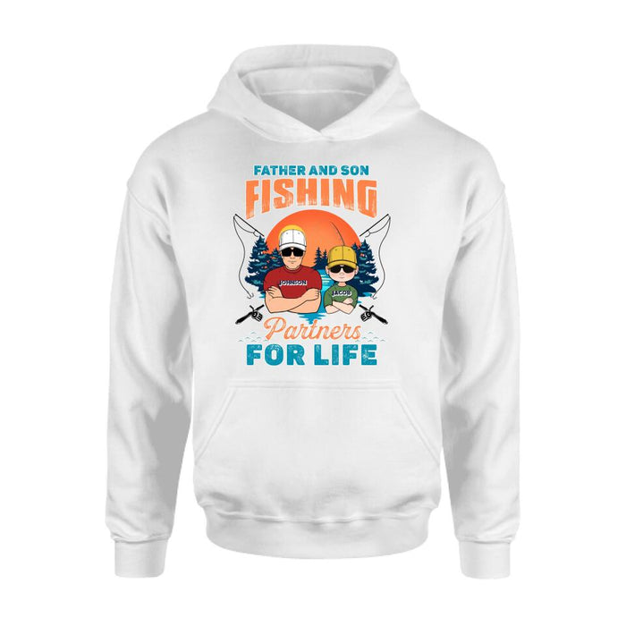 Personalized Father And Son Fishing T-Shirt/Long sleeve/Sweatshirt/Hoodie - Up to 3 Children - Gift Idea For Father/Son/Daughter/Father's Day/Fishing Lover - Father And Son Fishing Partners For Life