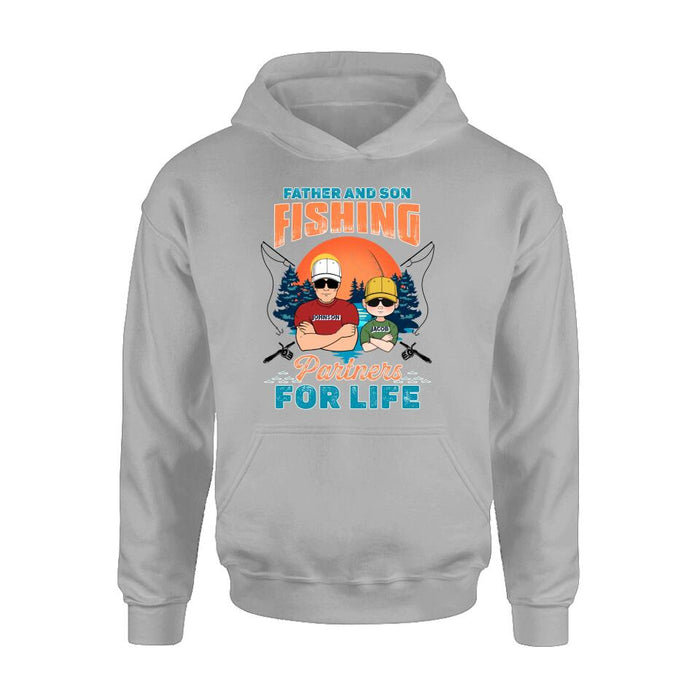 Personalized Father And Son Fishing T-Shirt/Long sleeve/Sweatshirt/Hoodie - Up to 3 Children - Gift Idea For Father/Son/Daughter/Father's Day/Fishing Lover - Father And Son Fishing Partners For Life