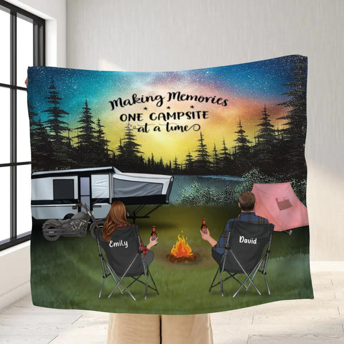 Personalized Night Camping Fleece Throw Blanket/Quilt - Gift for Camping Lovers - Family with kids and pets - Making memories one campsite at a time