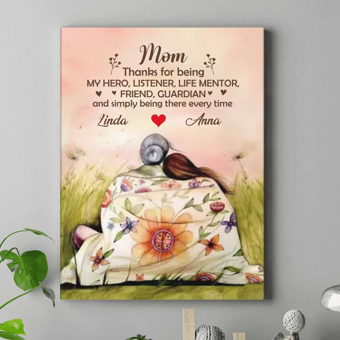 Personalized Mom & Daughter Vertical Canvas - Gift Idea For Mother's Day - Up to 5 Children - Mom Thanks For Being My Hero, Listener