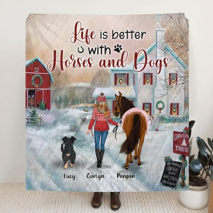 Personalized Horses & Dogs Quilt/Fleece Throw Blanket - Gift Idea For Horse/Dog Lovers - Up to 4 Dogs - Life Is Better With Horses And Dogs
