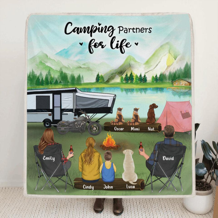 Personalized Camping Blanket Gift For Whole Family, Camping Lovers - Parents with 2 Kids and 4 Pets - Camping Partners For Life - 3KFOG2
