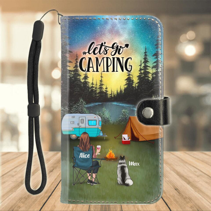 Personalized Camping Flip Leather Purse For Mobile Phone - Man/Woman/Couple With Up to 4 Pets - Gift For Camping Lover - Let's Go Camping