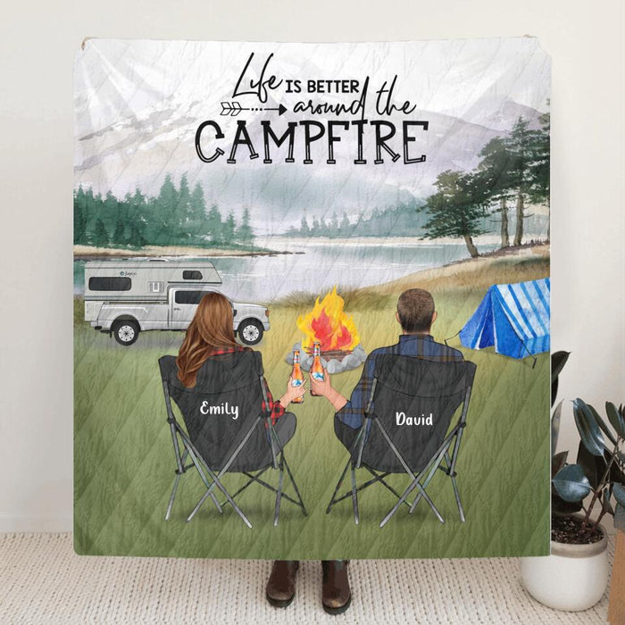 Personalized Camping Quilt - Couple Up to 3 Dogs - Gift For Couple - Life Is Better Around The Campfire - OFAWC7