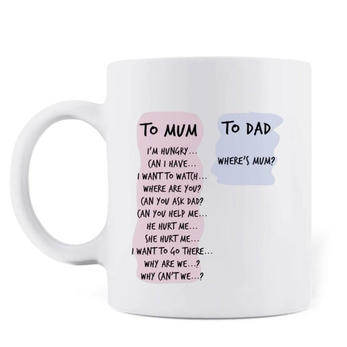 Personalized To Mom/Dad Coffee Mug - Gift Idea For Father's Day/Mother's Day - Up to 5 People - Thanks For Answering All Our Questions Mom