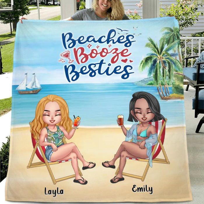 Personalized Besties Fleece Throw Blanket/Quilt - Up to 4 People - Gift Idea For Besties/Friends - Beaches Booze Besties