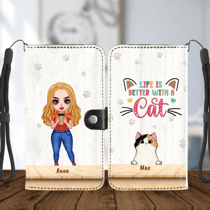 Personalized Cat Mom Chibi Flip Leather Purse For Mobile Phone - Gift Idea For Mother's Day/ Cat Lovers With Upto 6 Cats - Life Is Better With Cats