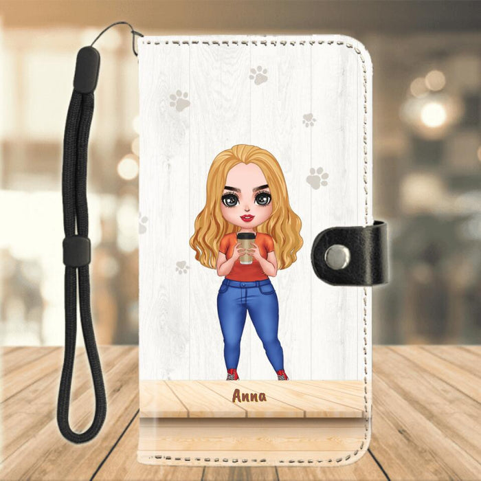 Personalized Cat Mom Chibi Flip Leather Purse For Mobile Phone - Gift Idea For Mother's Day/ Cat Lovers With Upto 6 Cats - Life Is Better With Cats