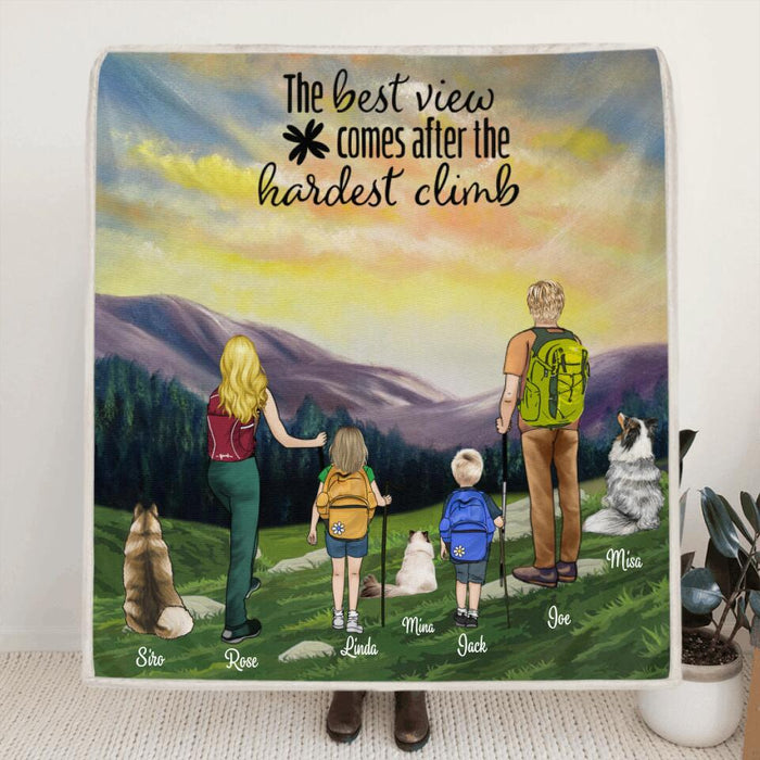 Personalized Sunrise Hiking Fleece Blanket/Quilt - Full Option With Up to 2 Kids & 3 Pets - Best Gift For Hiking Lovers - The Best View Comes After The Hardest Climb