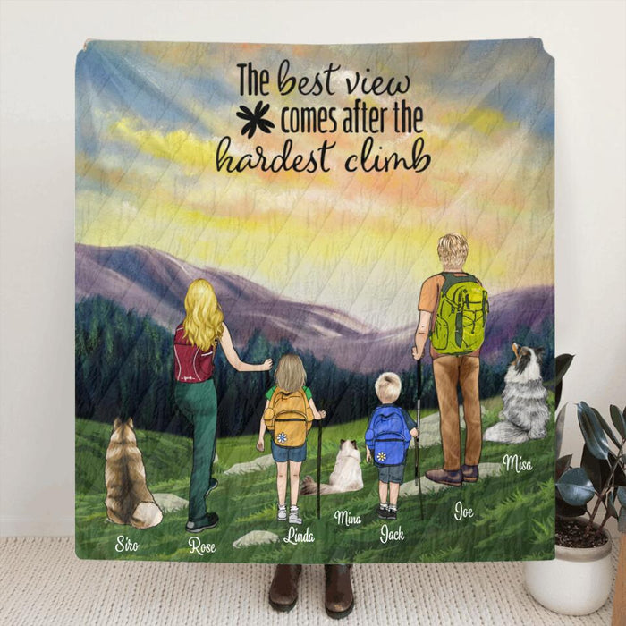 Personalized Sunrise Hiking Fleece Blanket/Quilt - Full Option With Up to 2 Kids & 3 Pets - Best Gift For Hiking Lovers - The Best View Comes After The Hardest Climb