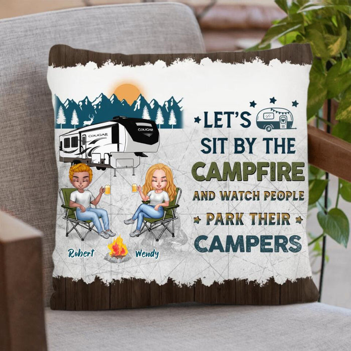 Personalized Camping Friends Pillow Cover - Up to 7 People - Gift Idea For Friends/Camping Lovers - Let's Sit By The Campfire And Watch People Park Their Campers