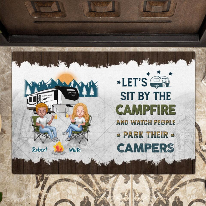 Personalized Camping Friends Doormat - Up to 7 People - Gift Idea For Friends/Camping Lovers - Let's Sit By The Campfire And Watch People Park Their Campers