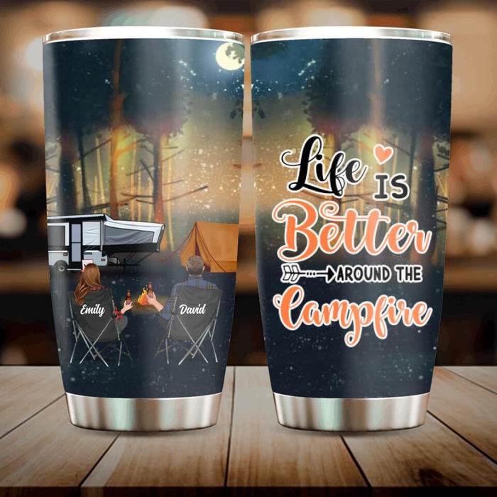 Personalized Night Camping Tumbler - Couple/Parents With Up to 3 Kids And 4 Pets - Gift For Camping Lover - Life Is Better Around The Camfire