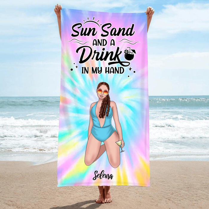 Personalized Bikini Girl Beach Towel - Gift Idea For Girl/Beach Lovers - Sun Sand And A Drink In My Hand