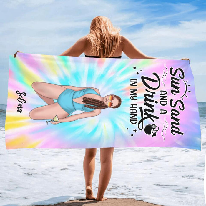 Personalized Bikini Girl Beach Towel - Gift Idea For Girl/Beach Lovers - Sun Sand And A Drink In My Hand