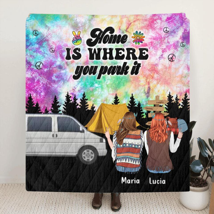 Personalized Hippie Friends Fleece Throw Blanket/Quilt - Gift Idea For Hippie Lovers - Up to 3 Girls - Home Is Where You Park It