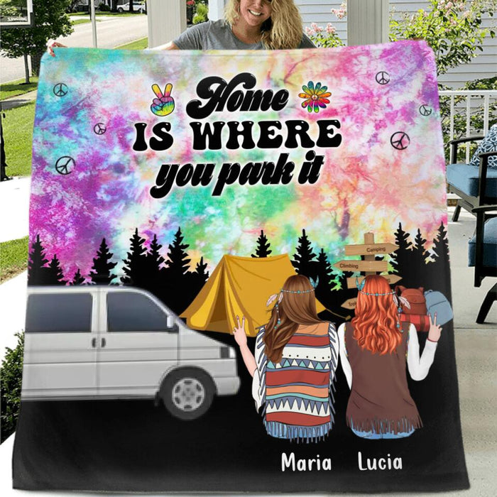 Personalized Hippie Friends Fleece Throw Blanket/Quilt - Gift Idea For Hippie Lovers - Up to 3 Girls - Home Is Where You Park It