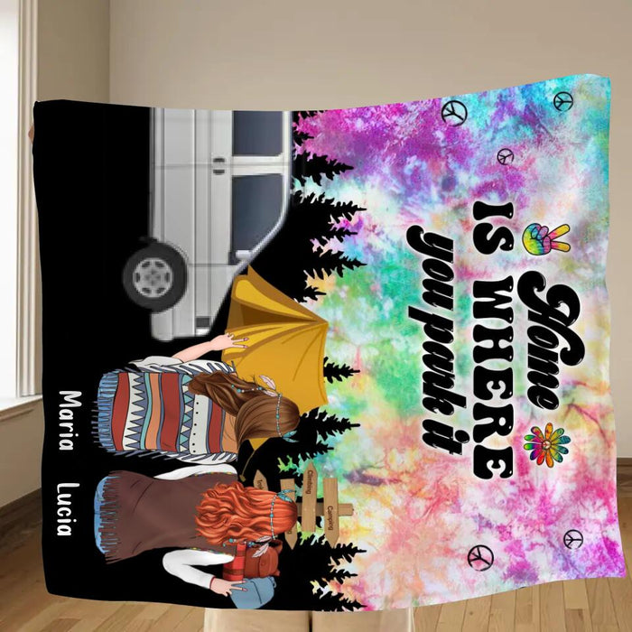 Personalized Hippie Friends Fleece Throw Blanket/Quilt - Gift Idea For Hippie Lovers - Up to 3 Girls - Home Is Where You Park It