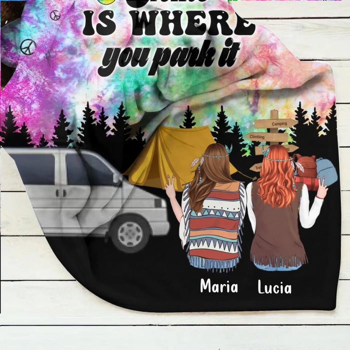 Personalized Hippie Friends Fleece Throw Blanket/Quilt - Gift Idea For Hippie Lovers - Up to 3 Girls - Home Is Where You Park It