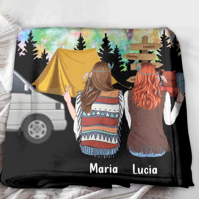 Personalized Hippie Friends Fleece Throw Blanket/Quilt - Gift Idea For Hippie Lovers - Up to 3 Girls - Home Is Where You Park It