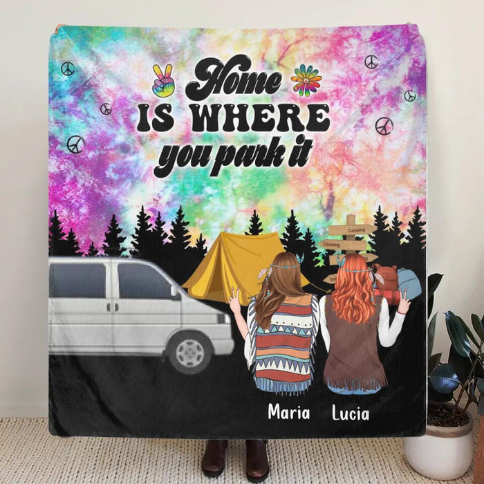 Personalized Hippie Friends Fleece Throw Blanket/Quilt - Gift Idea For Hippie Lovers - Up to 3 Girls - Home Is Where You Park It
