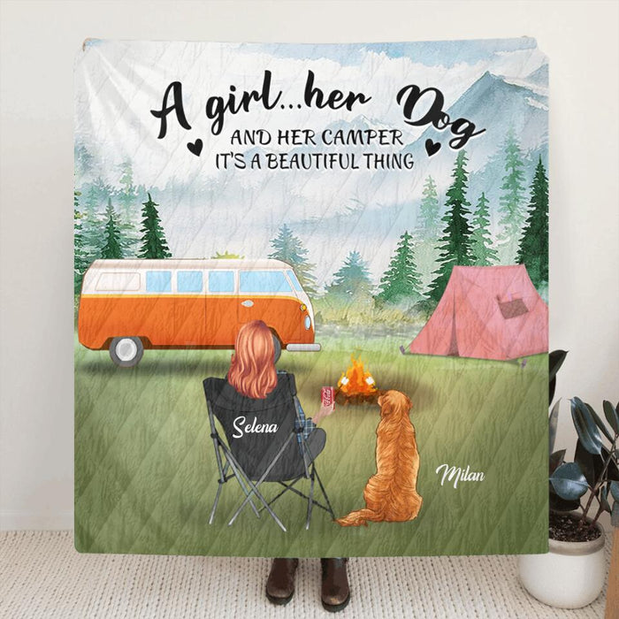 Personalized Dog Mom Camping Quilt/Fleece Blanket - Mom With Up to 4 Dogs - Best Gift For Dog Lovers