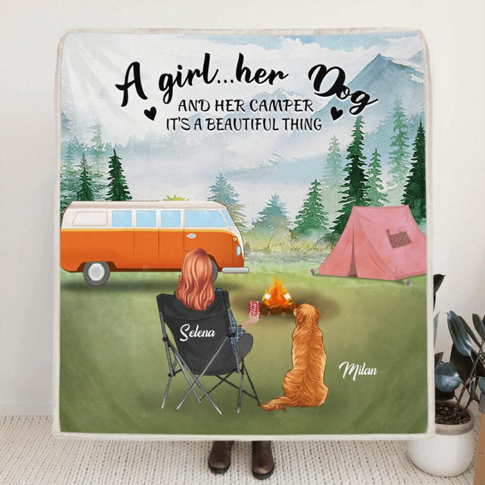 Personalized Dog Mom Camping Quilt/Fleece Blanket - Mom With Up to 4 Dogs - Best Gift For Dog Lovers
