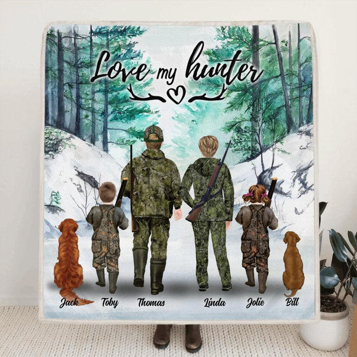 Personalized Hunting With Pets Fleece Blanket/Quilt Blanket - Parents With Up To 2 Kids/Couple/Single Parent/Solo Man/Woman and Pets - Best Gift For Hunting Lovers
