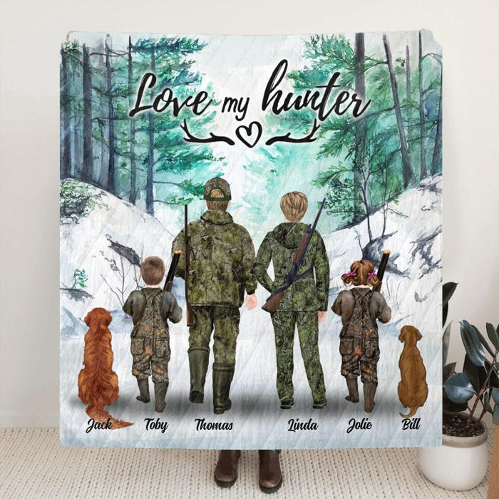 Personalized Hunting With Pets Fleece Blanket/Quilt Blanket - Parents With Up To 2 Kids/Couple/Single Parent/Solo Man/Woman and Pets - Best Gift For Hunting Lovers