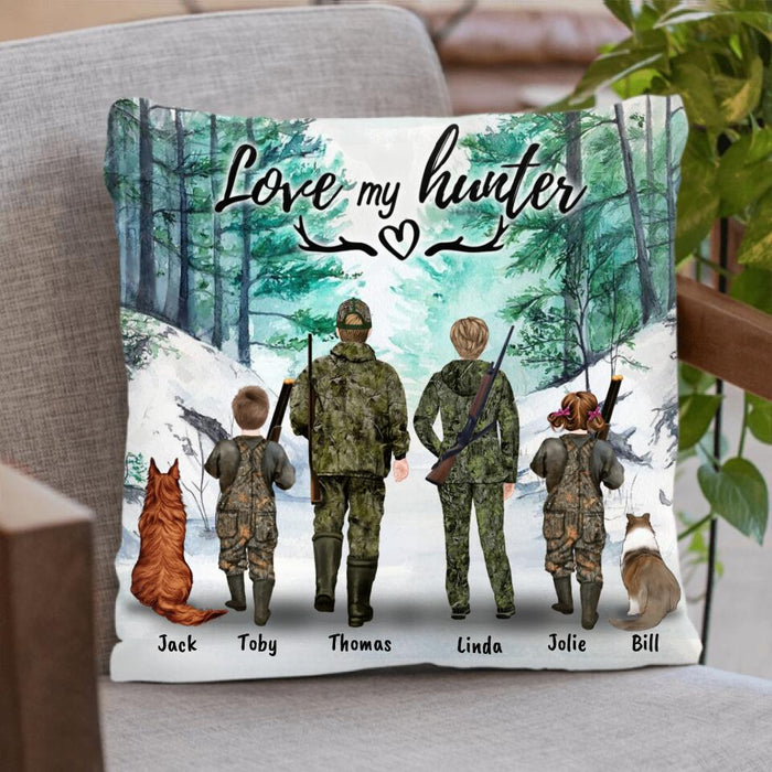 Personalized Hunting With Pets Pillow Cover/Cushion Cover - Parents With Up To 2 Kids/Couple/Single Parent/Solo Man/Woman and Pets - Best Gift For Hunting Lovers
