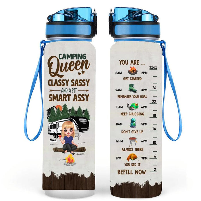 Personalized Camping Girl Water Tracker Bottle - Gift Idea For Camping Lover - Camping Queen Classy Sassy And A Bit Smart Assy