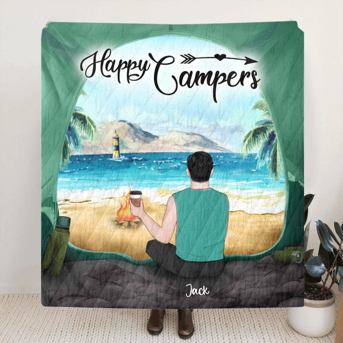 Personalized Dog Camping Quilt/Fleece Blanket - Man/Woman/Couple With Up to 3 Dogs - Best Gift For Camping Lover -  View Inside The Tent