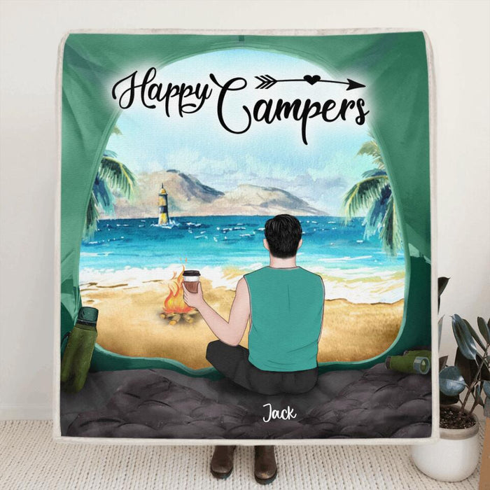 Personalized Dog Camping Quilt/Fleece Blanket - Man/Woman/Couple With Up to 3 Dogs - Best Gift For Camping Lover -  View Inside The Tent