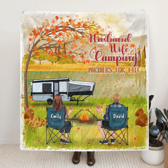 Personalized Camping In The Fall Blanket - Parents Up to 4 Kids, 4 Pets - Husband And Wife Camping Partners For Life