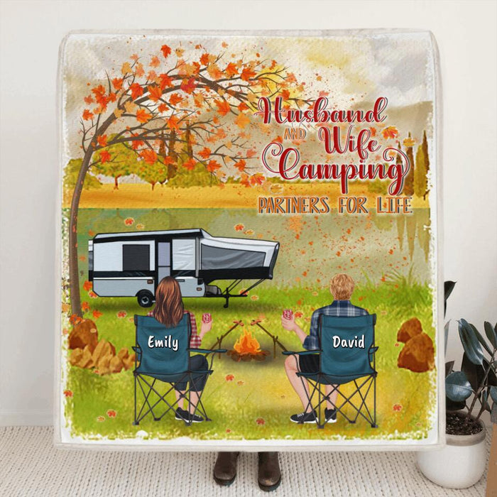 Personalized Camping In The Fall Blanket - Parents Up to 4 Kids, 4 Pets - Husband And Wife Camping Partners For Life