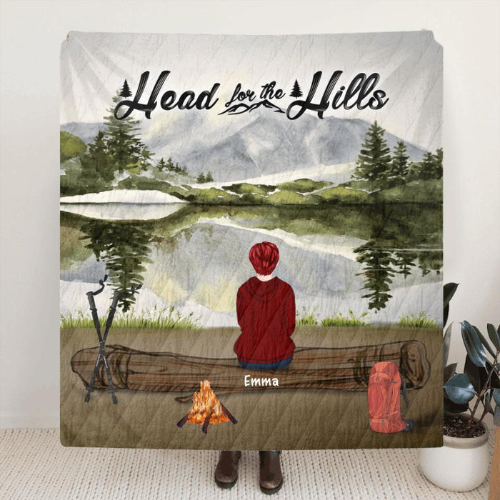 Personalized Hiking Quilt/Fleece Blanket - Parents With Children/Man/Woman/Couple With Up to 6 Pets - Gift For Hiking Lover - Head For The Hills