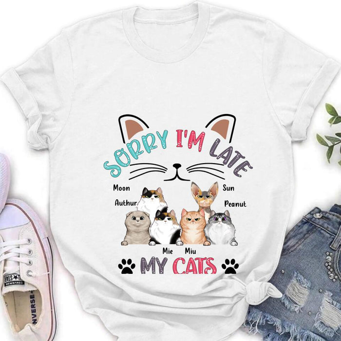 Personalized Cat T-Shirt - Gift Idea For Cat Lovers - Up to 6 Cats - Sorry I'm Late My Cats Were Sitting On Me