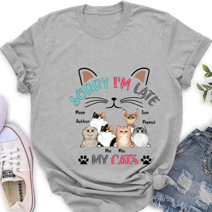 Personalized Cat T-Shirt - Gift Idea For Cat Lovers - Up to 6 Cats - Sorry I'm Late My Cats Were Sitting On Me
