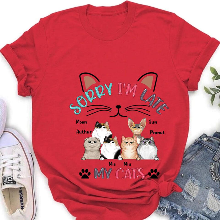 Personalized Cat T-Shirt - Gift Idea For Cat Lovers - Up to 6 Cats - Sorry I'm Late My Cats Were Sitting On Me
