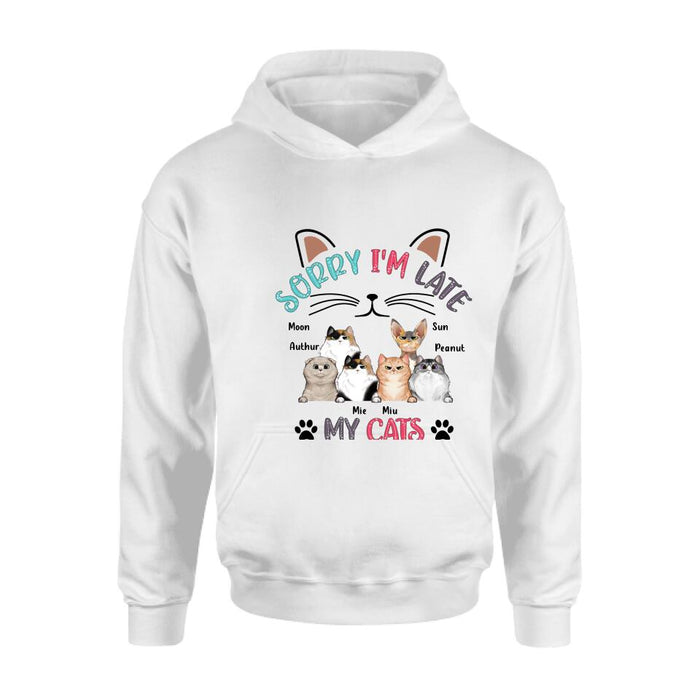 Personalized Cat T-Shirt - Gift Idea For Cat Lovers - Up to 6 Cats - Sorry I'm Late My Cats Were Sitting On Me
