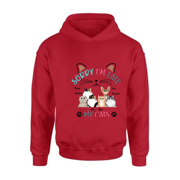 Personalized Cat T-Shirt - Gift Idea For Cat Lovers - Up to 6 Cats - Sorry I'm Late My Cats Were Sitting On Me