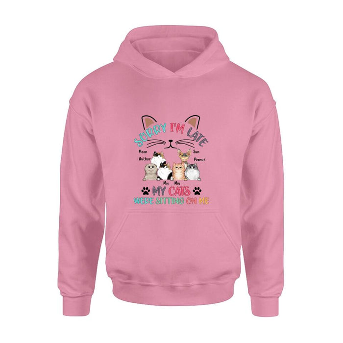 Personalized Cat T-Shirt - Gift Idea For Cat Lovers - Up to 6 Cats - Sorry I'm Late My Cats Were Sitting On Me