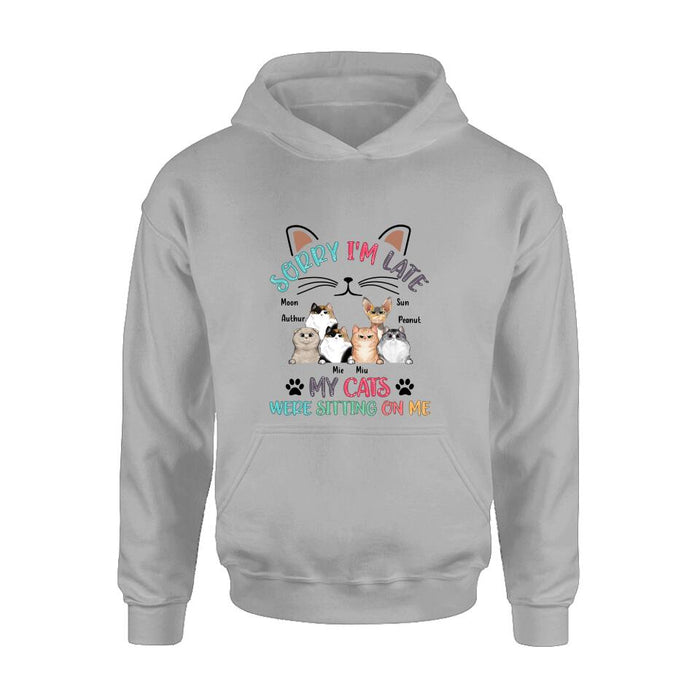 Personalized Cat T-Shirt - Gift Idea For Cat Lovers - Up to 6 Cats - Sorry I'm Late My Cats Were Sitting On Me