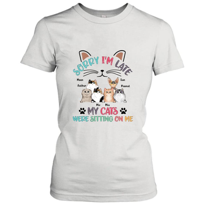 Personalized Cat T-Shirt - Gift Idea For Cat Lovers - Up to 6 Cats - Sorry I'm Late My Cats Were Sitting On Me