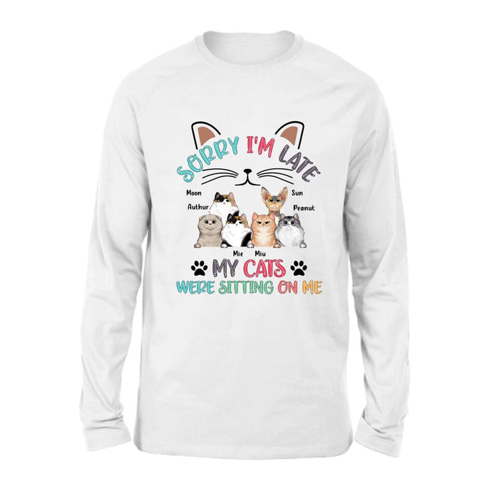 Personalized Cat T-Shirt - Gift Idea For Cat Lovers - Up to 6 Cats - Sorry I'm Late My Cats Were Sitting On Me