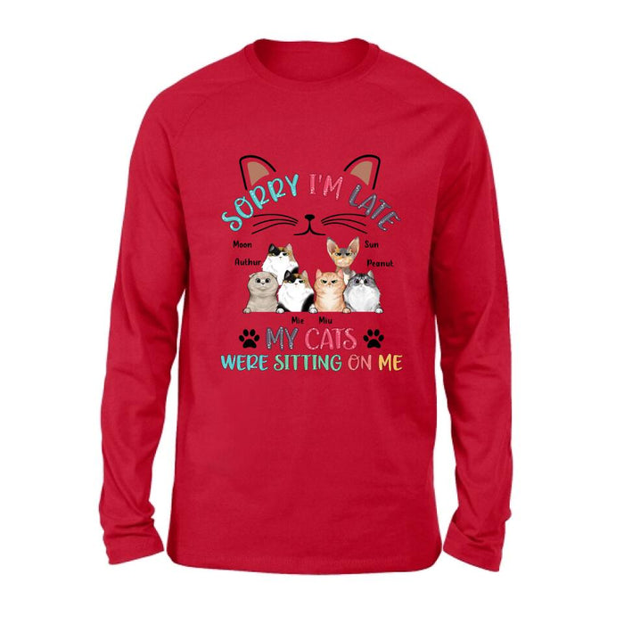 Personalized Cat T-Shirt - Gift Idea For Cat Lovers - Up to 6 Cats - Sorry I'm Late My Cats Were Sitting On Me